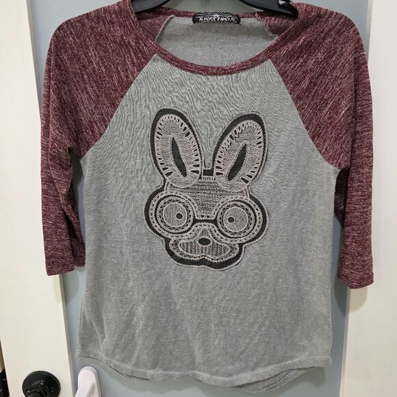 Almost Famous Tops - Almost Famous Bunny Graphic Raglan Tee – Women’s Small Grey & Burgundy